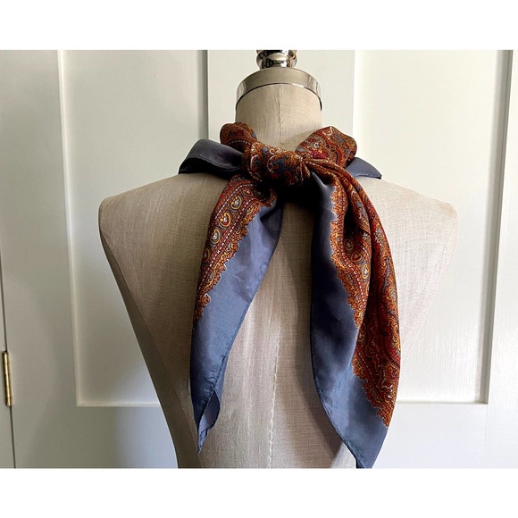 Vintage Handrolled Edge Silk Scarf Orange, Yellow, Gold, Grey - Picture 5 of 7